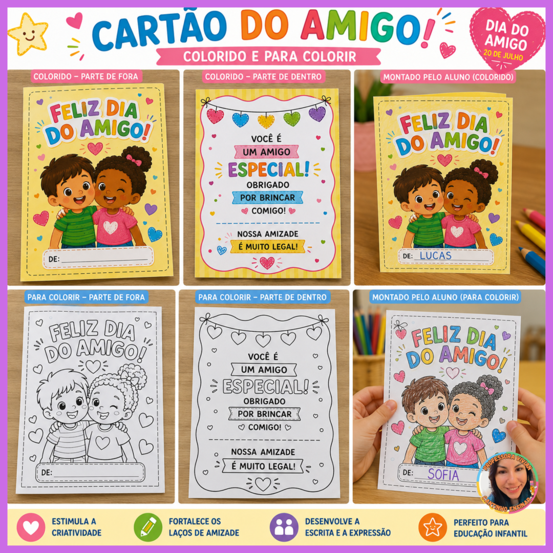 Cartão Dia do Amigo – Colorido e para Colorir