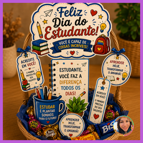 KIT Dia do estudante: Decoração para cesta - Tags - Marcador de página - Plaquinha para foto