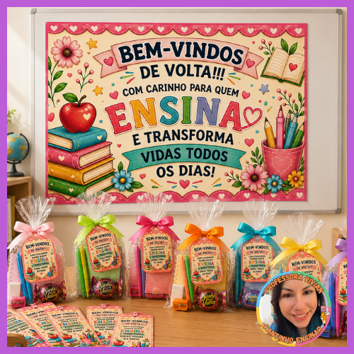 KIT RECEPÇÃO DE PROFESSORES – VOLTA ÀS AULAS | PAINEL + TAGS + MARCADOR DE PÁGINAS